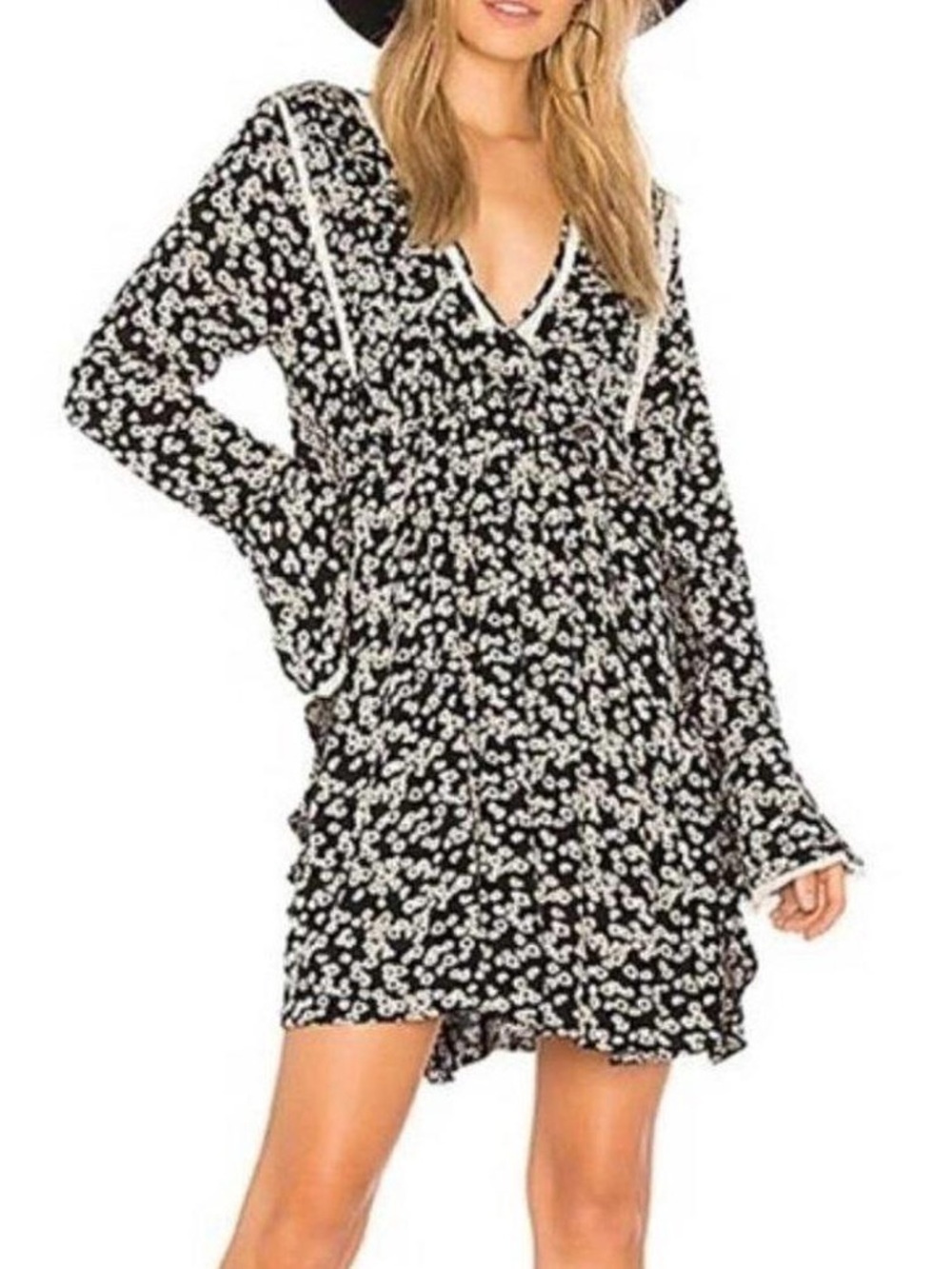 Free People Black and Cream Floral V-Neck Long Sleeve Dress